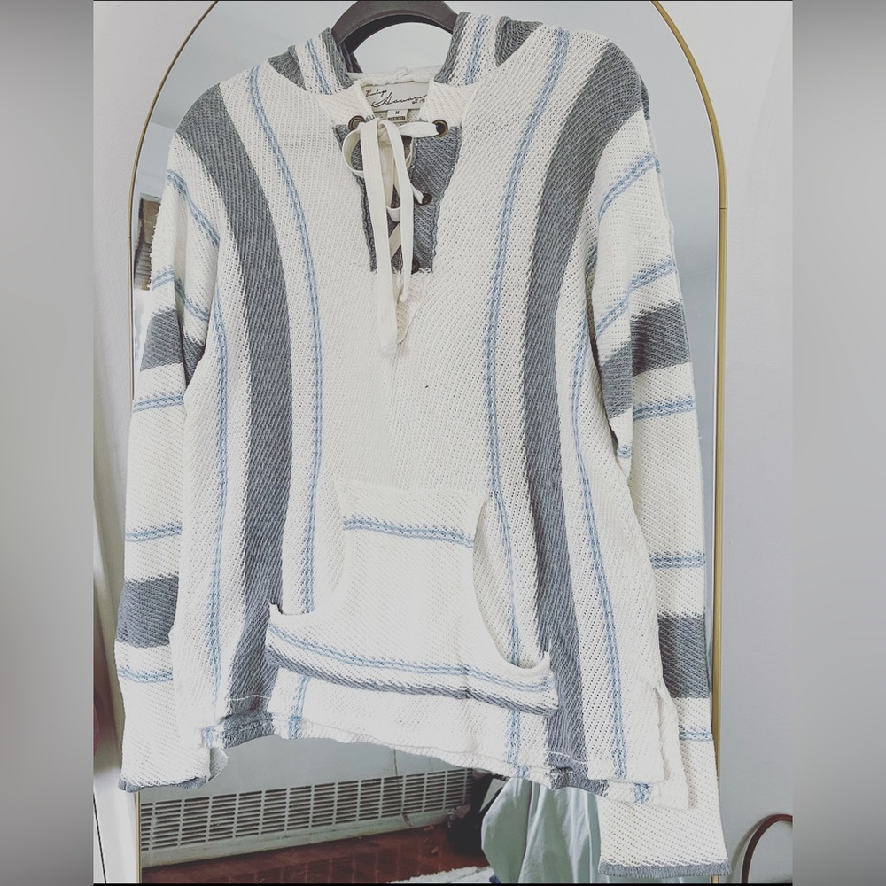 Vintage Havana Hooded Pullover Sweater White with Blue & Gray Stripes Medium